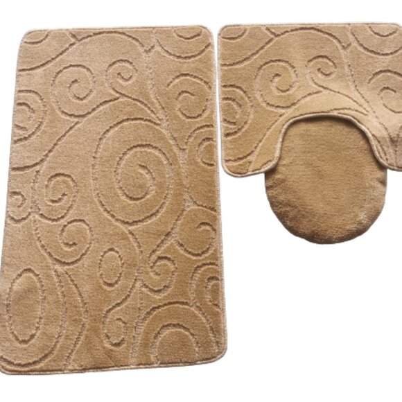 Scroll Oversize 3PC Bathroom Set Contour ,Mat ,Toilet Lid Cover Taupe - Picture 2 of 3